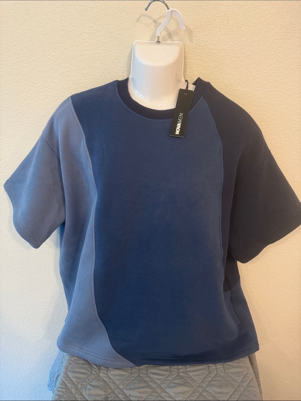 NOVA MEN Neapolitan Paneled Colorblock Navy Short Sleeve Oversized Shirt - NWT